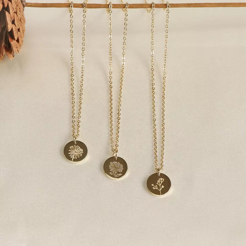 Birth Month Flower Disc Coin Circle Pendant Necklace USA Birthday