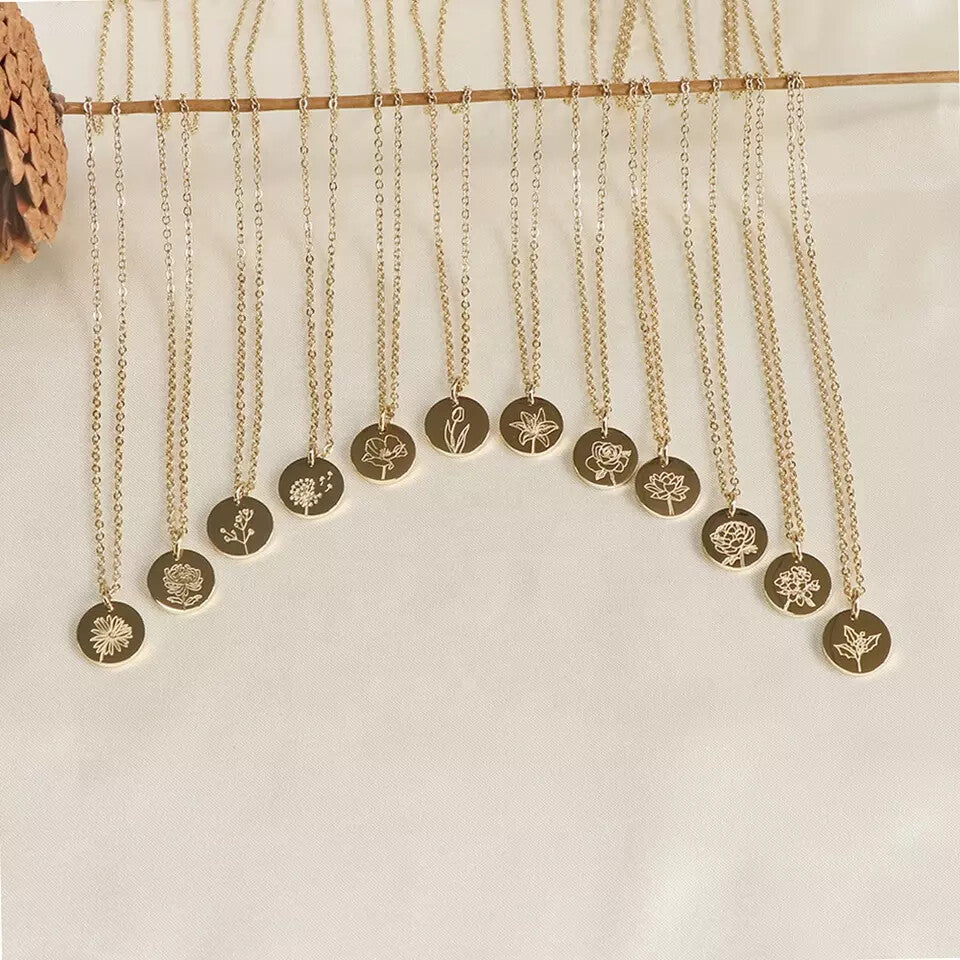 Birth Month Flower Disc Coin Circle Pendant Necklace USA Birthday