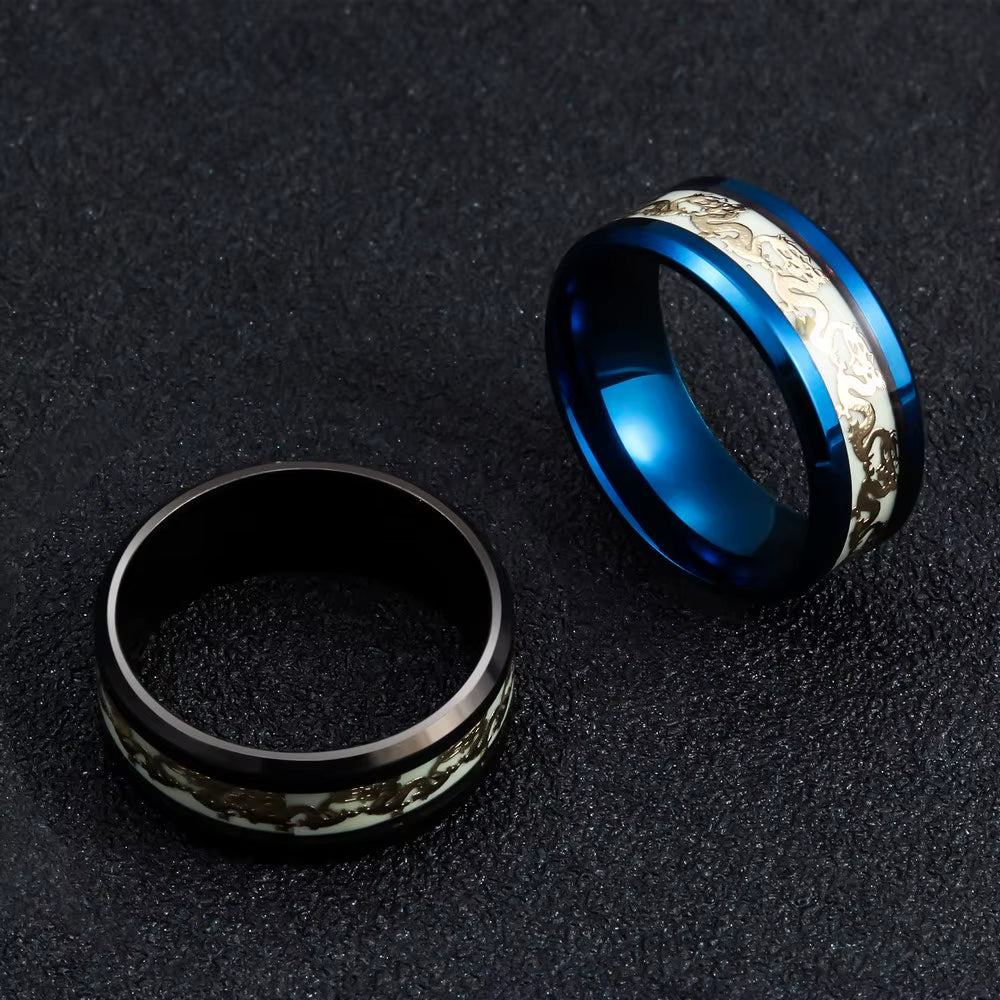 Luminous Dragon Rings for Men Black Gold Blue Color Stainless Steel Women Rings Trendy Glow in the Dark Male Band Ring Jewelry