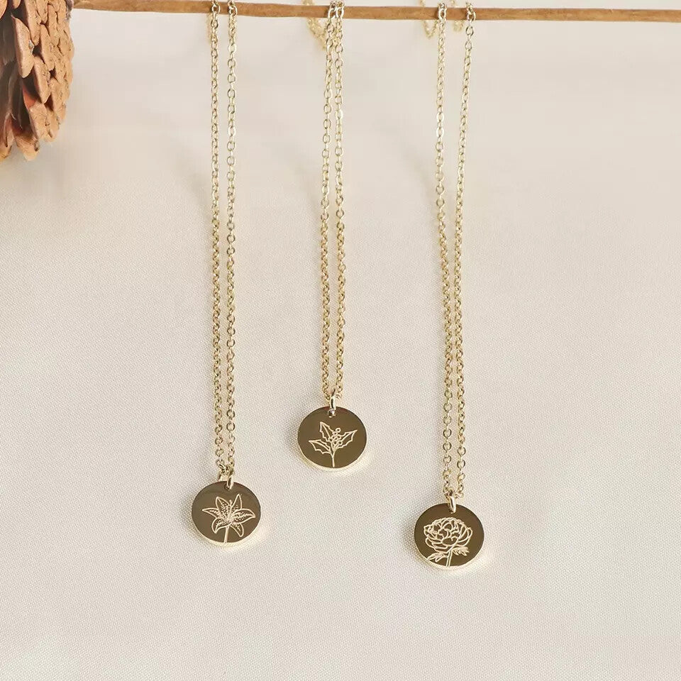 Birth Month Flower Disc Coin Circle Pendant Necklace USA Birthday