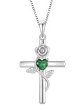Cross Pendant Necklace Sterling Silver Infinite Rose Flower Necklace Women Faith Jewelry Gift with May Birthstone Created Emerald