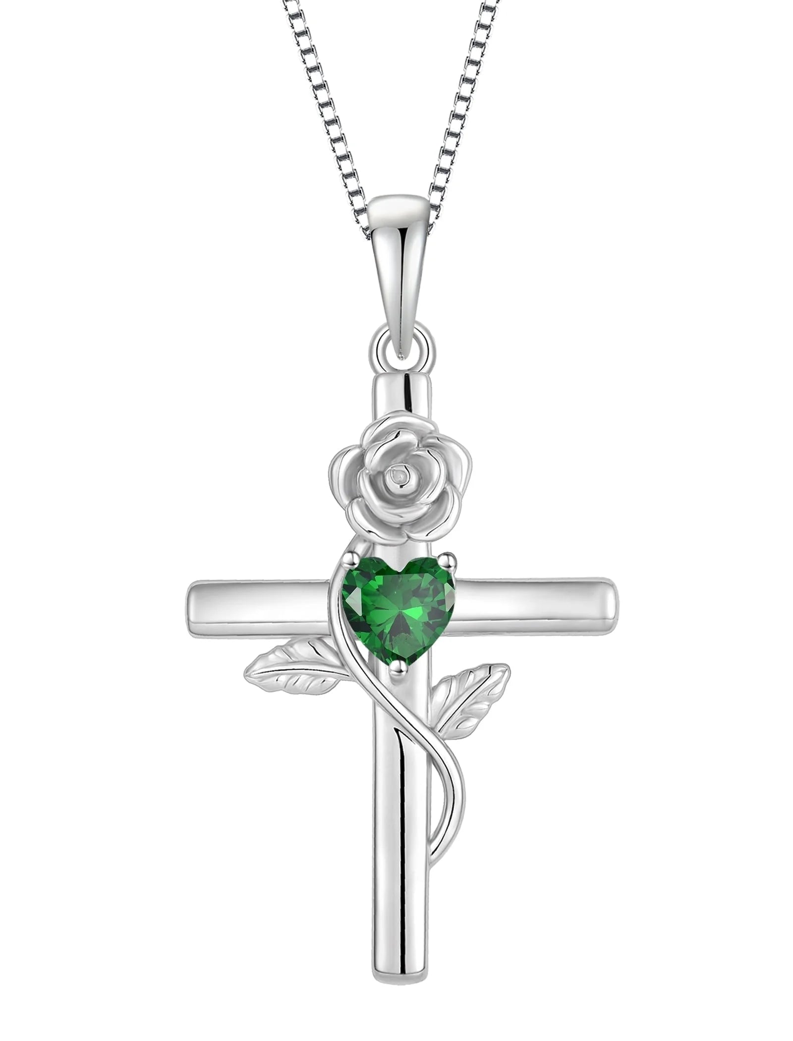 Cross Pendant Necklace Sterling Silver Infinite Rose Flower Necklace Women Faith Jewelry Gift with May Birthstone Created Emerald