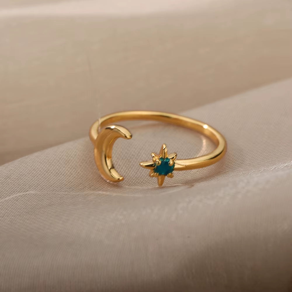 Zircon Moon Star Rings for Women Stainless Steel Glowing Moon Star Adjustable Finger Ring Aesthetic Wedding Jewelery Gift Femme