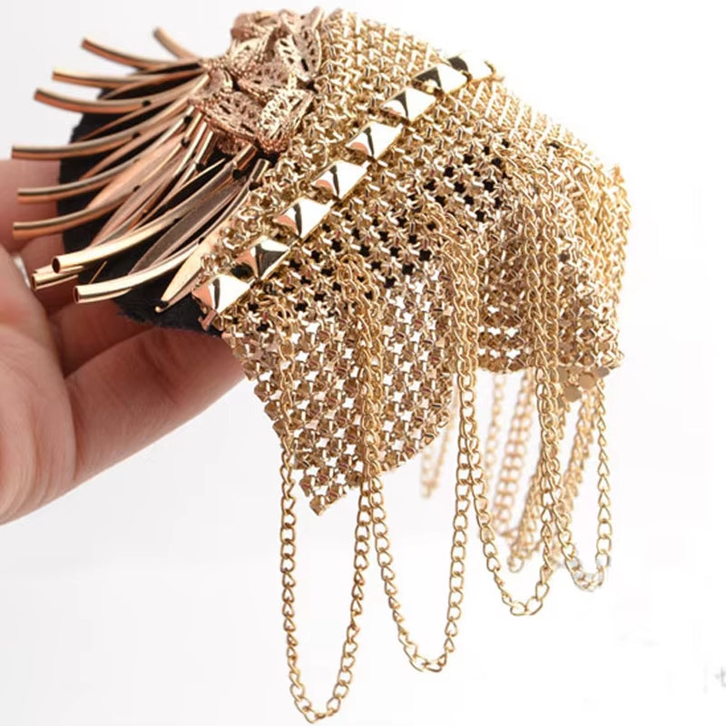 Handmade Golden Silver Epaulette Jewelery Tassel Big Shoulder Brooch Golden Epaulettes Patch Blazer Accessories, Pin