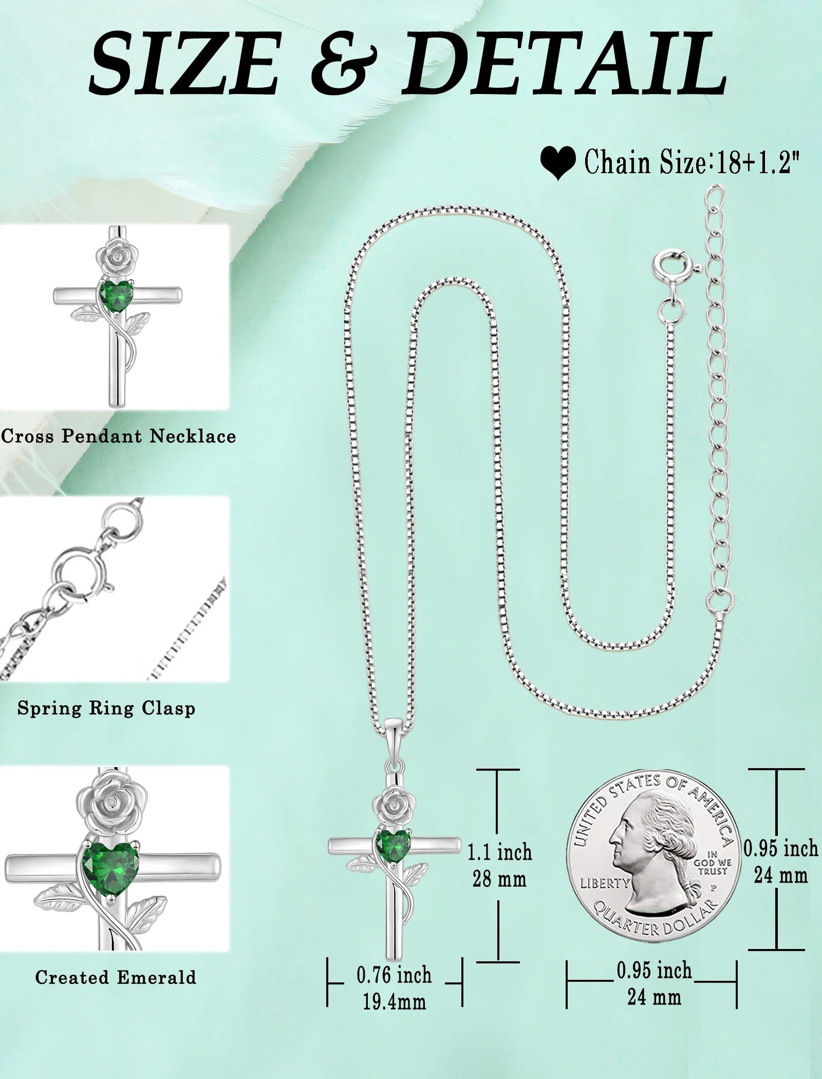 Cross Pendant Necklace Sterling Silver Infinite Rose Flower Necklace Women Faith Jewelry Gift with May Birthstone Created Emerald