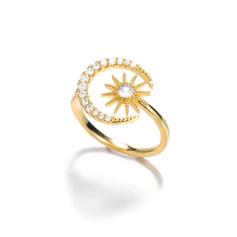 Zircon Moon Star Rings for Women Stainless Steel Glowing Moon Star Adjustable Finger Ring Aesthetic Wedding Jewelery Gift Femme