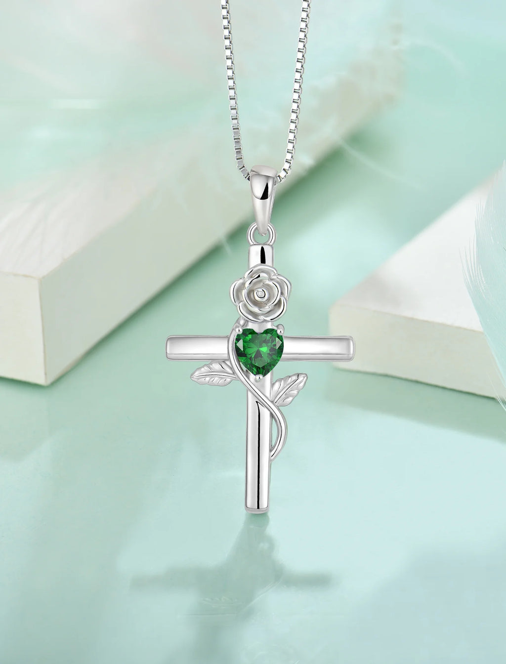 Cross Pendant Necklace Sterling Silver Infinite Rose Flower Necklace Women Faith Jewelry Gift with May Birthstone Created Emerald