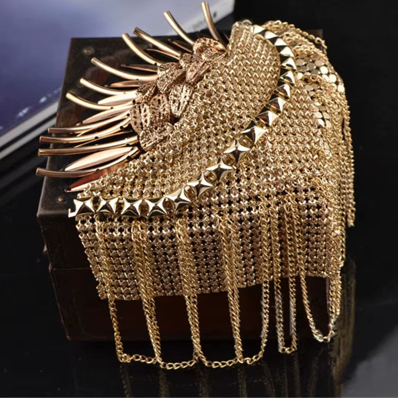 Handmade Golden Silver Epaulette Jewelery Tassel Big Shoulder Brooch Golden Epaulettes Patch Blazer Accessories, Pin