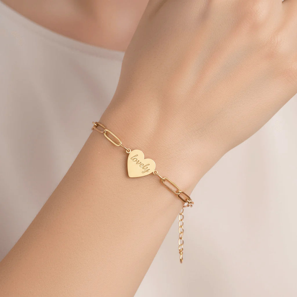 Engraved Paperclip Heart Bracelet – Engraved Heart Charm Chain