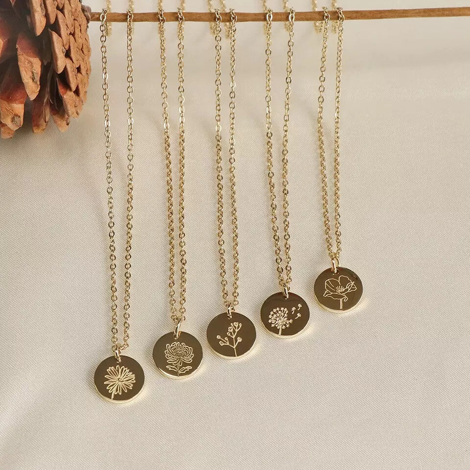 Birth Month Flower Disc Coin Circle Pendant Necklace USA Birthday