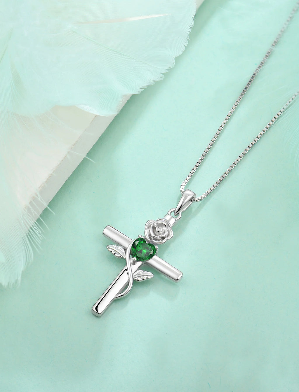 Cross Pendant Necklace Sterling Silver Infinite Rose Flower Necklace Women Faith Jewelry Gift with May Birthstone Created Emerald