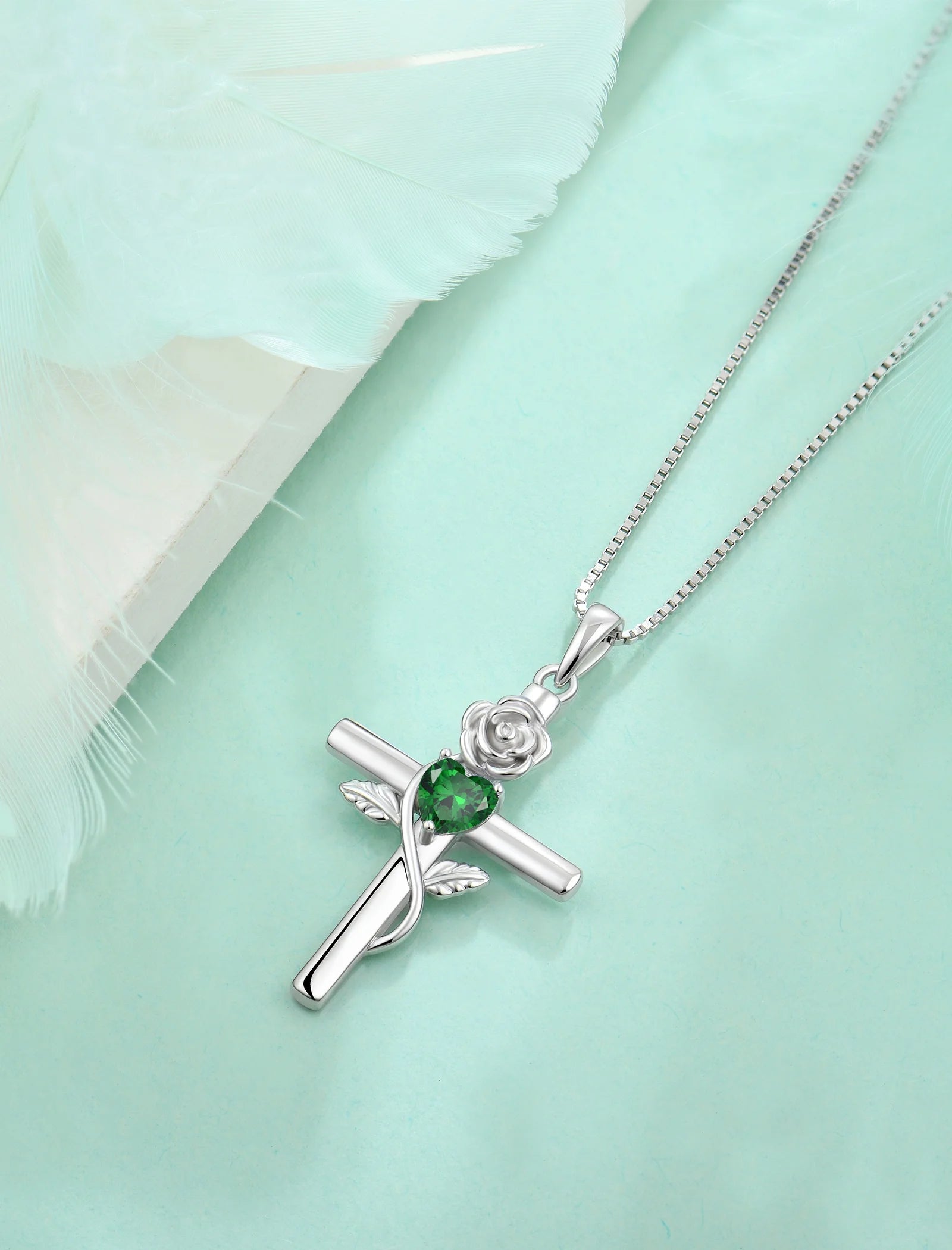 Cross Pendant Necklace Sterling Silver Infinite Rose Flower Necklace Women Faith Jewelry Gift with May Birthstone Created Emerald