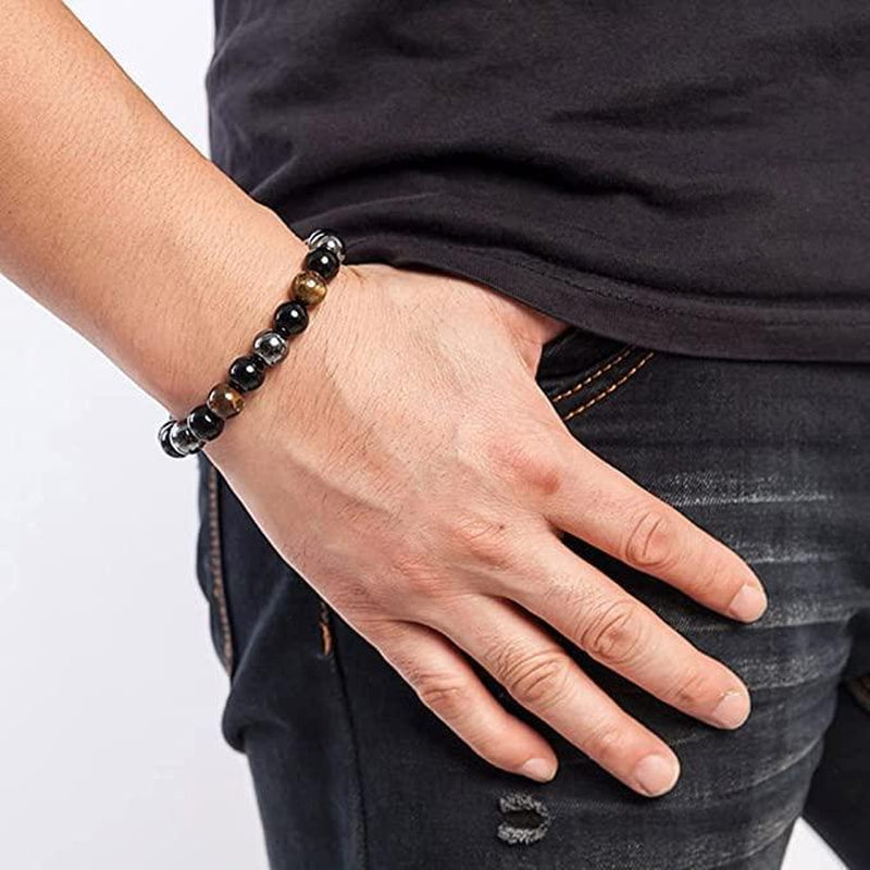 Black Obsidian Hematite Triple Protection Bracelet Blue Tiger Eye Beads Bracelets Lava Stone Bracelets for Men and Women 10MM or 8MM