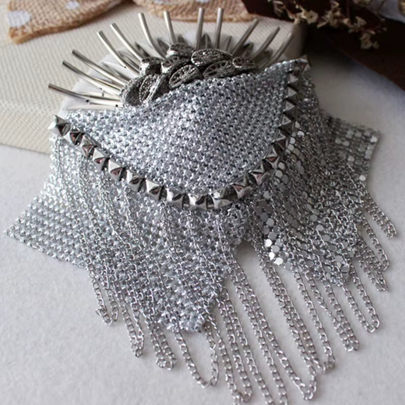 Handmade Golden Silver Epaulette Jewelery Tassel Big Shoulder Brooch Golden Epaulettes Patch Blazer Accessories, Pin
