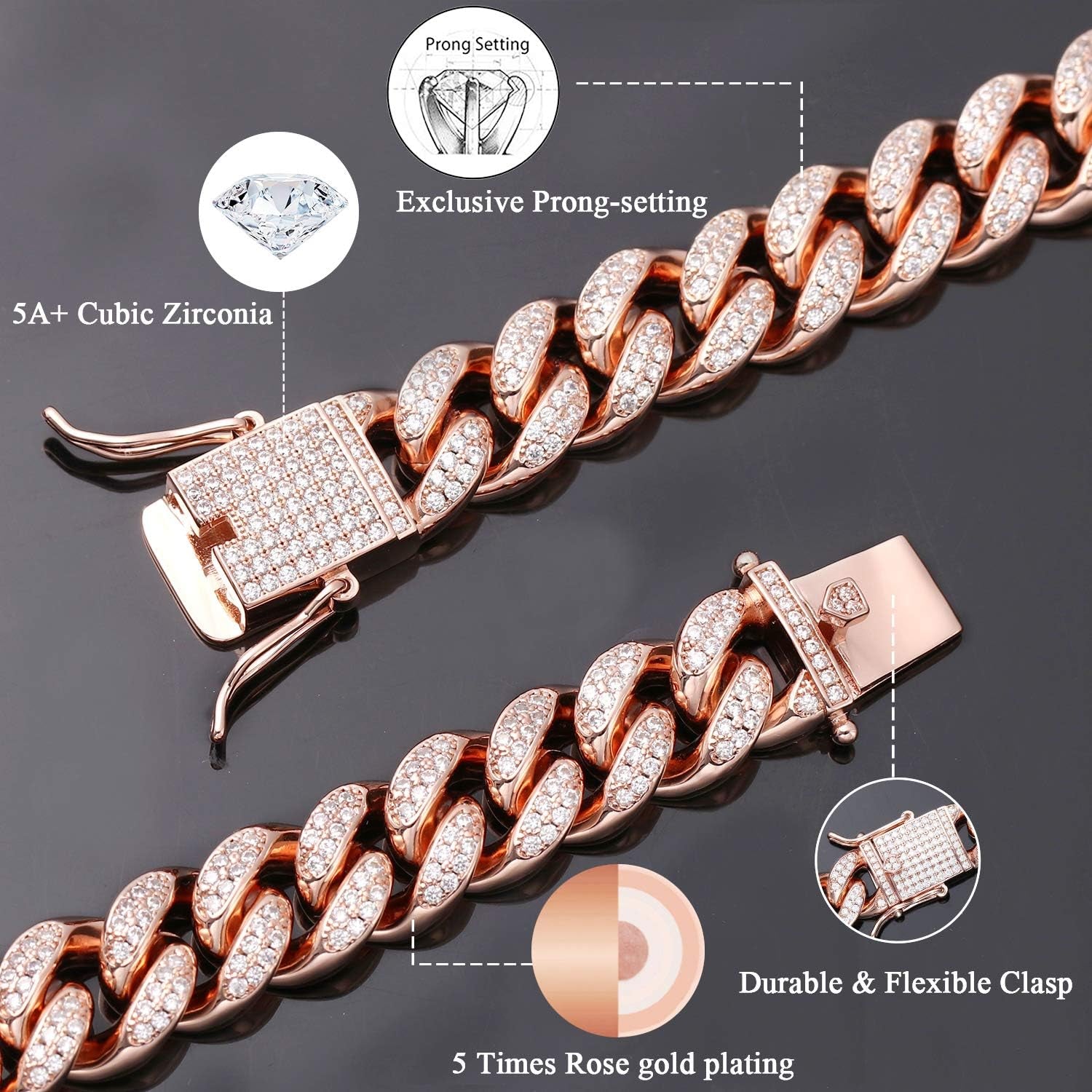 Hip Hop Iced Out Miami Cuban Link Chain Necklace or Bracelet for Men Women, Real 18K Gold/White Gold Plated Diamond CZ Jewelry
