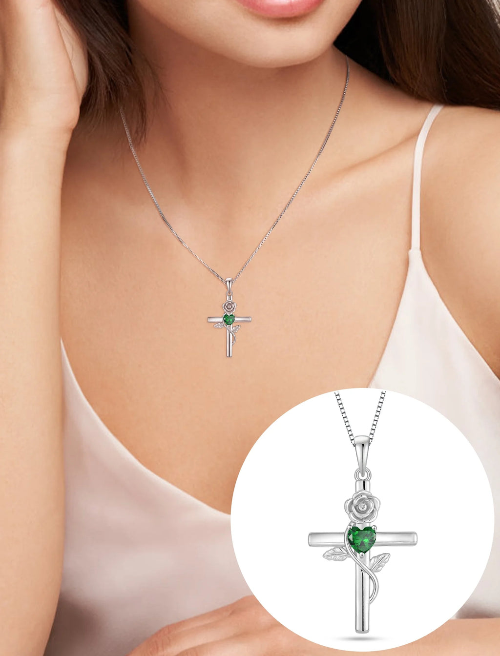 Cross Pendant Necklace Sterling Silver Infinite Rose Flower Necklace Women Faith Jewelry Gift with May Birthstone Created Emerald