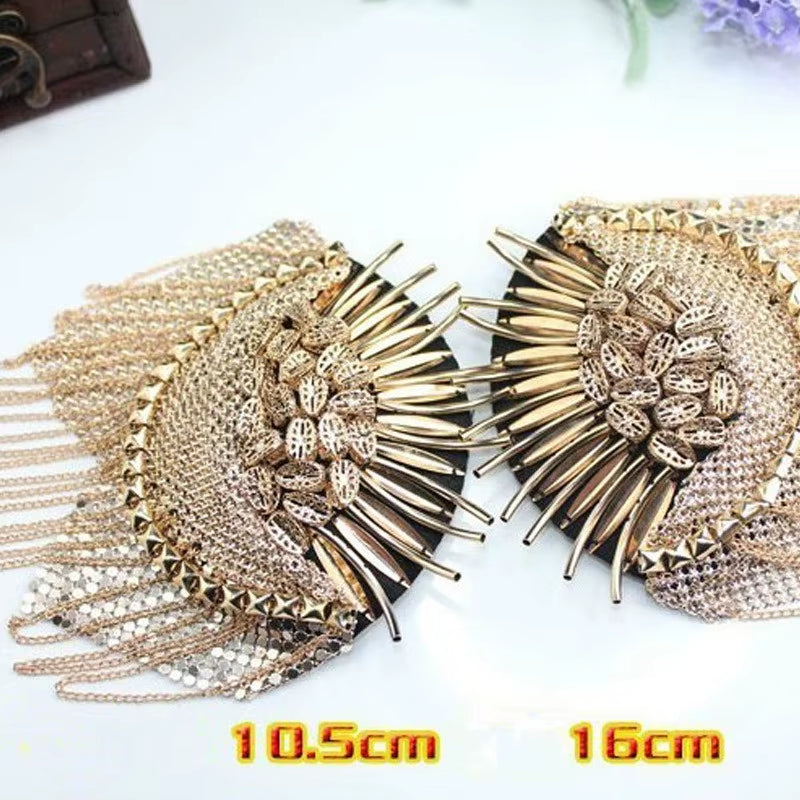 Handmade Golden Silver Epaulette Jewelery Tassel Big Shoulder Brooch Golden Epaulettes Patch Blazer Accessories, Pin