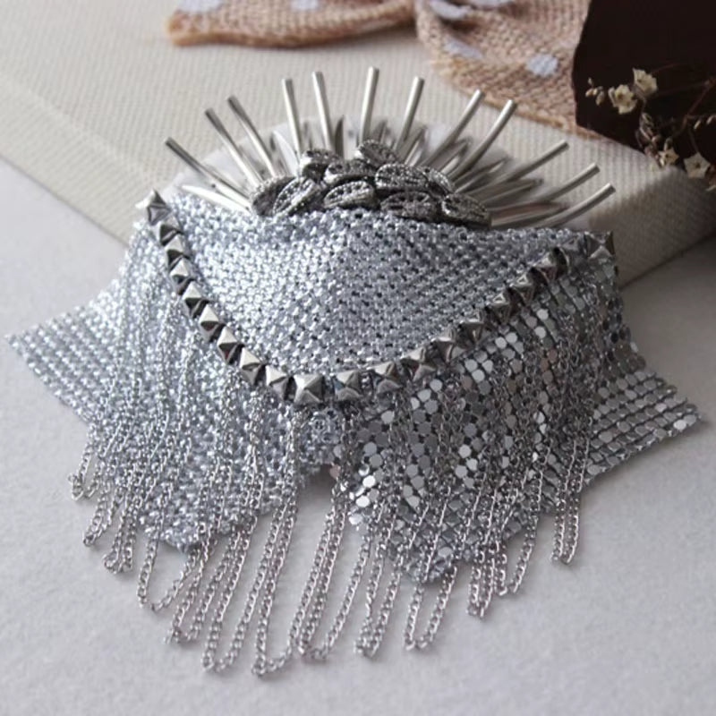 Handmade Golden Silver Epaulette Jewelery Tassel Big Shoulder Brooch Golden Epaulettes Patch Blazer Accessories, Pin