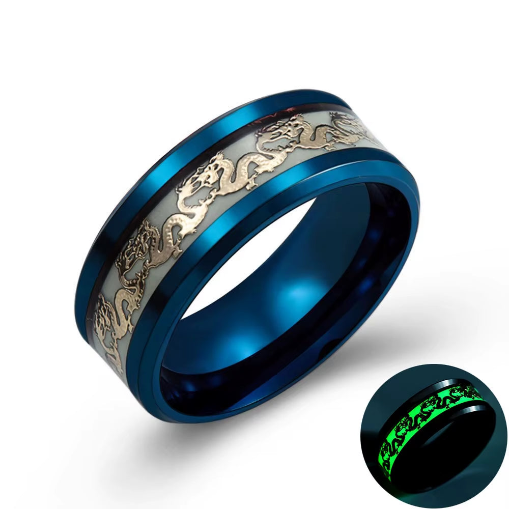 Luminous Dragon Rings for Men Black Gold Blue Color Stainless Steel Women Rings Trendy Glow in the Dark Male Band Ring Jewelry