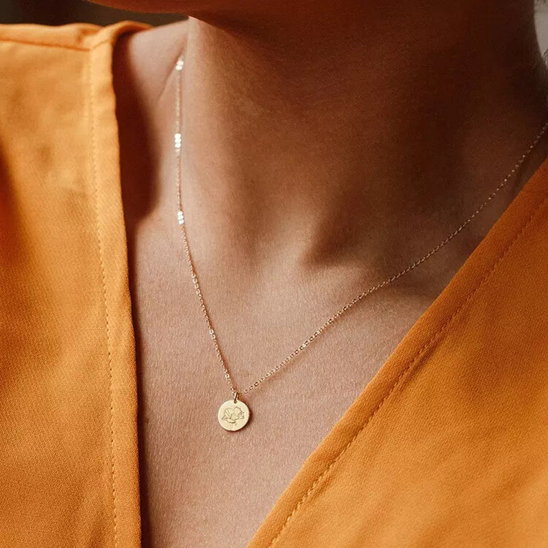 Birth Month Flower Disc Coin Circle Pendant Necklace USA Birthday